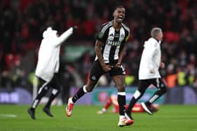 Newcastle United player Alexander Isak celebrates on the final whistle after the Carabao Cup Final between Liverpool and Newcastle United at Wembley Stadium on March 16, 2025 in London, England. 