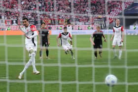 Hugo Ekitike of Eintracht Frankfurt misses from the penalty spot during the Bundesliga match between Eintracht Frankfurt and 1. FC Union Berlin at the Deutsche Bank Park on March 09, 2025 in Frankfurt am Main, Germany. (Photo by Alex Grimm/Getty Images)