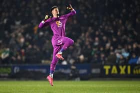James Trafford of Burnley celebrates after Josh Laurent of Burnley (not pictured) scored the team's third goalduring the Sky Bet Championship match between Plymouth Argyle FC and Burnley FC at Home Park on January 22, 2025 in Plymouth, England. (Photo by Dan Mullan/Getty Images)