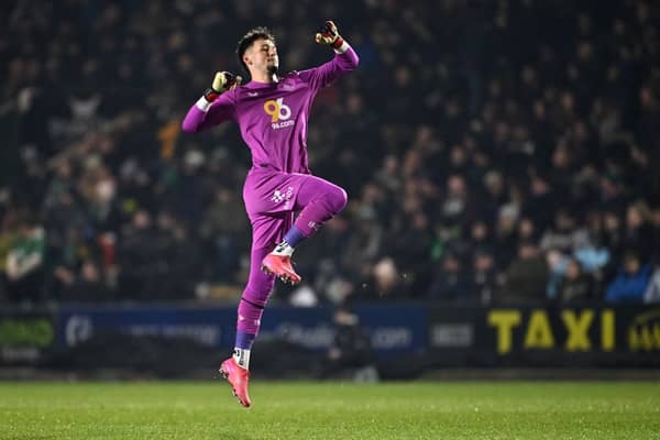 James Trafford of Burnley celebrates after Josh Laurent of Burnley (not pictured) scored the team's third goalduring the Sky Bet Championship match between Plymouth Argyle FC and Burnley FC at Home Park on January 22, 2025 in Plymouth, England. (Photo by Dan Mullan/Getty Images)