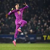 James Trafford of Burnley celebrates after Josh Laurent of Burnley (not pictured) scored the team's third goalduring the Sky Bet Championship match between Plymouth Argyle FC and Burnley FC at Home Park on January 22, 2025 in Plymouth, England. (Photo by Dan Mullan/Getty Images)