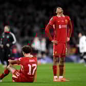 Jarell Quansah and Curtis Jones of Liverpool look dejected after the team's defeat in the Carabao Cup Final between Liverpool and Newcastle United at Wembley Stadium on March 16, 2025 in London, England. (Photo by Justin Setterfield/Getty Images)