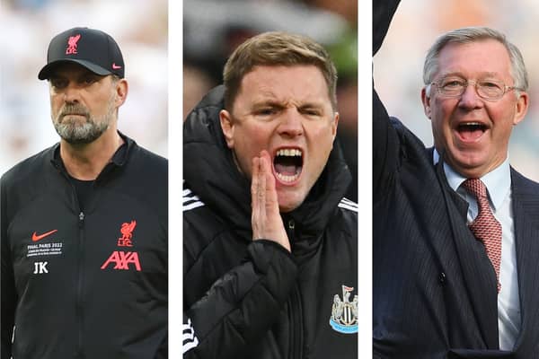 Eddie Howe (centre) has bettered Jurgen Klopp (left) and Sir Alex Ferguson 