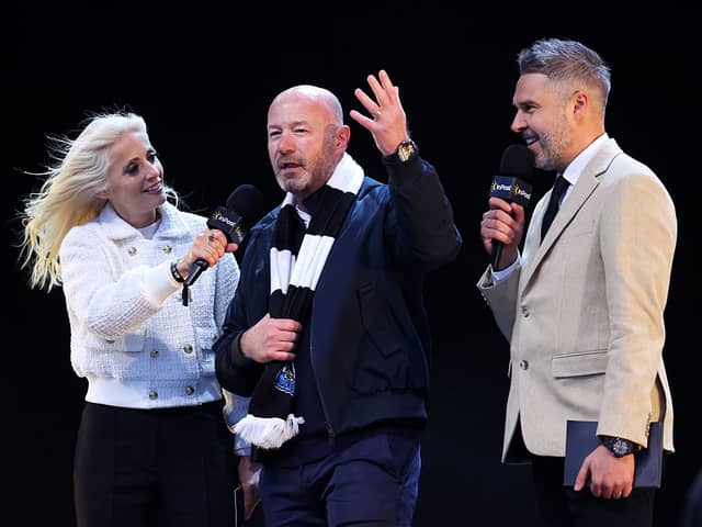  Former Newcastle United player Alan Shearer is interviewed by Lynsey Hipgrave (L) and Pete Graves (R) TV Presenters and fans of Newcastle United while on stage during the Newcastle United trophy parade and celebration on March 29, 2025 in Newcastle upon Tyne, England. Newcastle United defeated Liverpool in the Carabao Cup Final to end their seventy-year domestic trophy drought. (Photo by Ed Sykes/Getty Images)