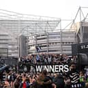 Joelinton, Kieran Trippier, Bruno Guimaraes, Harvey Barnes, Mark Gillespie, Dan Burn, celebrate with the Carabao Cup Trophy as Eddie Howe, Manager of Newcastle United, Anthony Gordon look on during the Newcastle United trophy parade and celebration on March 29, 2025 in Newcastle upon Tyne, England. Newcastle United defeated Liverpool in the Carabao Cup Final to end their seventy-year domestic trophy drought. (Photo by Stu Forster/Getty Images)