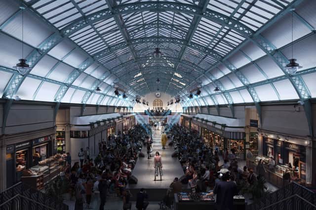 Grainger Market restoration plans: Proposed view from the top of the Nun Street pavilion looking down the arcade towards the Nelson Street pavilion