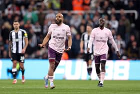 Bryan Mbeumo of Brentford celebrates scoring his team's first goal during the Premier League match between Newcastle United FC and Brentford FC at St James' Park on April 02, 2025 in Newcastle upon Tyne, England. (Photo by George Wood/Getty Images)