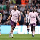 Bryan Mbeumo of Brentford celebrates scoring his team's first goal during the Premier League match between Newcastle United FC and Brentford FC at St James' Park on April 02, 2025 in Newcastle upon Tyne, England. (Photo by George Wood/Getty Images)