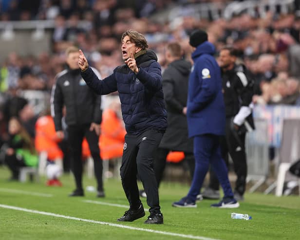 Thomas Frank, Manager of Brentford, reacts on the touchline during the Premier League match between Newcastle United FC and Brentford FC at St James' Park on April 02, 2025 in Newcastle upon Tyne, England. (Photo by George Wood/Getty Images)