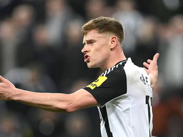Harvey Barnes of Newcastle reacts to Alexander Isak (not pictured)after his goal was disallowed during the Premier League match between Newcastle United FC and Brentford FC at St James' Park on April 02, 2025 in Newcastle upon Tyne, England. (Photo by Stu Forster/Getty Images)