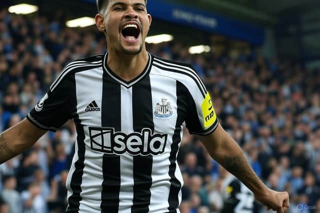 How AI sees Bruno Guimaraes celebrating after scoring in Newcastle United's 'win' at Leicester City's King Power Stadium.