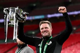 Eddie Howe, Manager of Newcastle United, lifts the Carabao Cup Trophy after his team's victory during the Carabao Cup Final between Liverpool and Newcastle United at Wembley Stadium on March 16, 2025 in London, England. (Photo by Stu Forster/Getty Images)