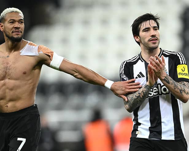 Sandro Tonali of Newcastle and Joelinton (l) applaud the fans after the Premier League match between Newcastle United FC and Brentford FC at St James' Park on April 02, 2025 in Newcastle upon Tyne, England. (Photo by Stu Forster/Getty Images)