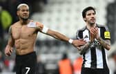 Sandro Tonali of Newcastle and Joelinton (l) applaud the fans after the Premier League match between Newcastle United FC and Brentford FC at St James' Park on April 02, 2025 in Newcastle upon Tyne, England. (Photo by Stu Forster/Getty Images)