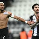 Sandro Tonali of Newcastle and Joelinton (l) applaud the fans after the Premier League match between Newcastle United FC and Brentford FC at St James' Park on April 02, 2025 in Newcastle upon Tyne, England. (Photo by Stu Forster/Getty Images)