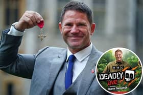 Main image: Naturalist and TV presenter Steve Backshall receiving the MBE in 2021. Inset: Deadly Live! poster