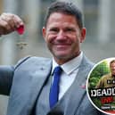 Main image: Naturalist and TV presenter Steve Backshall receiving the MBE in 2021. Inset: Deadly Live! poster