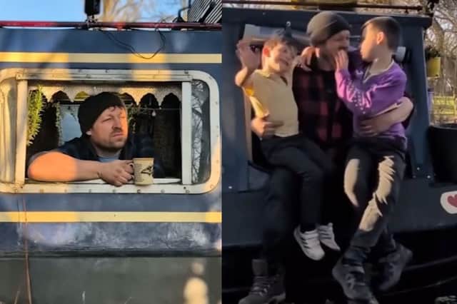 Dad raising sons on boats - with 'cinema' and study nook.