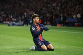 Desire Doue of Paris Saint-Germain celebrates scoring the equalising goa during the UEFA Champions League 2024/25 Quarter Final First Leg match between Paris Saint-Germain and Aston Villa FC at Parc des Princes on April 09, 2025 in Paris, France. (Photo by Michael Steele/Getty Images)