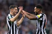 Jamaal Lascelles and Fabian Schar of Newcastle United celebrate following the team's victory during the Carabao Cup Third Round match between Newcastle United and Manchester Cityat St James' Park on September 27, 2023 in Newcastle upon Tyne, England. (Photo by George Wood/Getty Images)