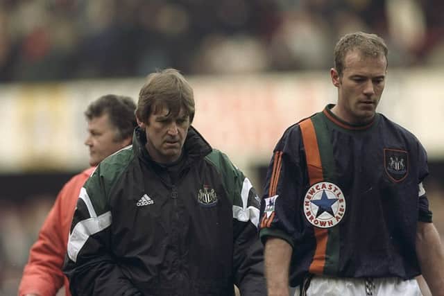 28 Mar 1998:  Newcastle United manager Kenny Dalglish and club captain Alan Shearer walk off disappointed after the FA Carling Premiership match against Southampton at the Dell in Southampton, England. Southampton won 2-1. \ Mandatory Credit: Phil Cole /Allsport