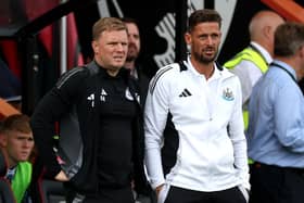 Newcastle United's English head coach Eddie Howe (L) and Newcastle United's assistant coach Jason Tindall react on the touchline during the English Premier League football match between Bournemouth and Newcastle United at the Vitality Stadium in Bournemouth, southern England on August 25, 2024.   (Photo by ADRIAN DENNIS/AFP via Getty Images)