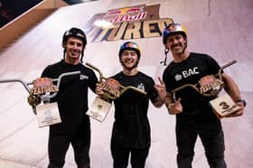 Kieran Reilly, Logan Martin and Kenneth Tencio are seen on the podium at Red Bull Featured in Manchester Central, United Kingdom, on Saturday April 12th, 2025.