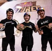 Kieran Reilly, Logan Martin and Kenneth Tencio are seen on the podium at Red Bull Featured in Manchester Central, United Kingdom, on Saturday April 12th, 2025.