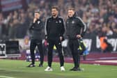 Jason Tindall, Assistant Manager of Newcastle United and Eddie Howe, Manager of Newcastle United, react on the sidelines during the Premier League match between West Ham United FC and Newcastle United FC at London Stadium on March 10, 2025 in London, England. (Photo by Julian Finney/Getty Images)
