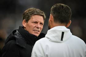 Crystal Palace's Austrian manager Oliver Glasner (L) speaks with Newcastle United's assistant coach Jason Tindall during the English Premier League football match between Newcastle United and Crystal Palace at St James' Park in Newcastle-upon-Tyne, north east England on April 16, 2025. (Photo by ANDY BUCHANAN / AFP) 