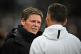 Crystal Palace's Austrian manager Oliver Glasner (L) speaks with Newcastle United's assistant coach Jason Tindall during the English Premier League football match between Newcastle United and Crystal Palace at St James' Park in Newcastle-upon-Tyne, north east England on April 16, 2025. (Photo by ANDY BUCHANAN / AFP) 