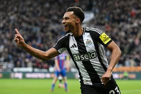 Jacob Murphy of Newcastle United celebrates scoring his team's first goal during the Premier League match between Newcastle United FC and Crystal Palace FC at St James' Park on April 16, 2025 in Newcastle upon Tyne, England. (Photo by Stu Forster/Getty Images)
