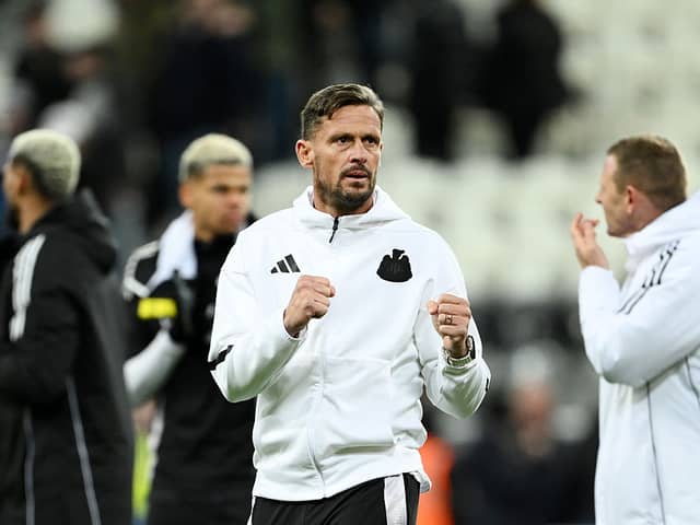 Jason Tindall, Assistant Manager of Newcastle United, celebrates at the end of the Premier League match between Newcastle United FC and Crystal Palace FC at St James' Park on April 16, 2025 in Newcastle upon Tyne, England. (Photo by Stu Forster/Getty Images)