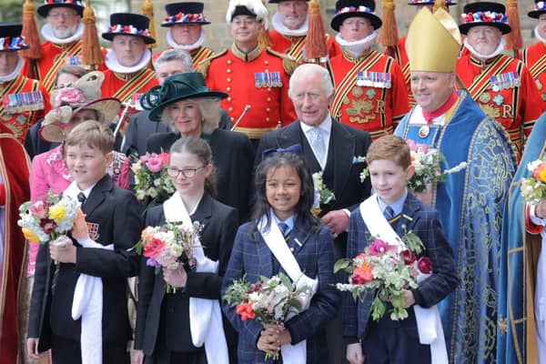 King Charles and Queen Camilla with Wearside school children  Euan Black and Indrakshi Chatterjee from Durham Cathedral Schools Foundation and Sam Parkinson and Eve Brown from Durham Johnston School.