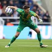 Nick Pope of Newcastle United rolls the ball during the Premier League match between Newcastle United FC and Crystal Palace FC at St James' Park on April 16, 2025 in Newcastle upon Tyne, England. (Photo by George Wood/Getty Images)