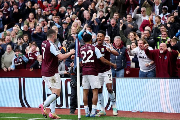 Ian Maatsen of Aston Villa celebrates with teammate Ollie Watkins after scoring his team's second goal during the Premier League match between Aston Villa FC and Newcastle United FC at Villa Park on April 19, 2025 in Birmingham, England. (Photo by Michael Steele/Getty Images)