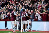 Ian Maatsen of Aston Villa celebrates with teammate Ollie Watkins after scoring his team's second goal during the Premier League match between Aston Villa FC and Newcastle United FC at Villa Park on April 19, 2025 in Birmingham, England. (Photo by Michael Steele/Getty Images)