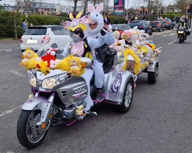 Bikers by the hundred took part in the convoy which toured North East hospitals where they delivered Easter eggs.