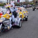Bikers by the hundred took part in the convoy which toured North East hospitals where they delivered Easter eggs.