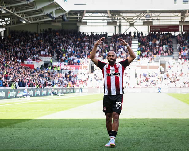 Bryan Mbeumo of Brentford celebrates scoring his team's second goal during the Premier League match between Brentford FC and Brighton & Hove Albion FC at Gtech Community Stadium on April 19, 2025 in Brentford, England. (Photo by Ryan Pierse/Getty Images)