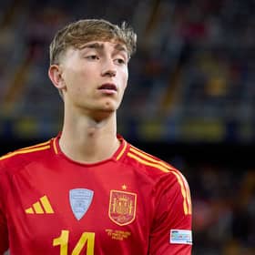 Dean Huijsen of Spain looks on during the UEFA Nations League Quarterfinal Leg One match between Spain and Netherlands at Estadio Mestalla on March 23, 2025 in Valencia, Spain. (Photo by Aitor Alcalde/Getty Images)