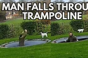 Photos of a man falling through a trampoline
