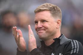 Eddie Howe, head coach of Newcastle United applauds the fans during the Premier League match between Newcastle United FC and Southampton FC at St James' Park on August 17, 2024.