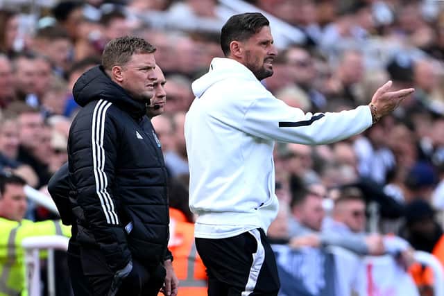 Eddie Howe, Manager of Newcastle United, and Jason Tindall, Assistant Manager of Newcastle United, react during the Premier League match between Newcastle United FC and Ipswich Town FC at St James' Park on April 26, 2025 in Newcastle upon Tyne, England.