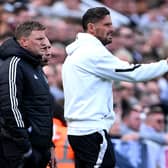 Eddie Howe, Manager of Newcastle United, and Jason Tindall, Assistant Manager of Newcastle United, react during the Premier League match between Newcastle United FC and Ipswich Town FC at St James' Park on April 26, 2025 in Newcastle upon Tyne, England.