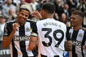 Newcastle United's Danish striker William Osula celebrates scoring the team's third goal with Brazilian midfielder Bruno Guimaraes (C) and defender Kieran Trippier during the English Premier League football match between Newcastle United and Ipswich Town at St James' Park.