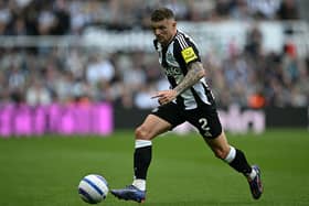 Newcastle United's English defender #02 Kieran Trippier runs with the ball during the English Premier League football match between Newcastle United and Ipswich Town at St James' Park in Newcastle-upon-Tyne, north east England on April 26, 2025. (Photo by Paul ELLIS / AFP) 