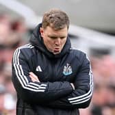  Eddie Howe, Manager of Newcastle United, reacts during the Premier League match between Newcastle United FC and Ipswich Town FC at St James' Park on April 26, 2025 in Newcastle upon Tyne, England. (Photo by Stu Forster/Getty Images)