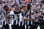 Alexander Isak of Newcastle United celebrates with teammates after scoring his team's first goal during the Premier League match between Newcastle United FC and Ipswich Town FC at St James' Park on April 26, 2025 in Newcastle upon Tyne, England. (Photo by Alex Livesey/Getty Images)
