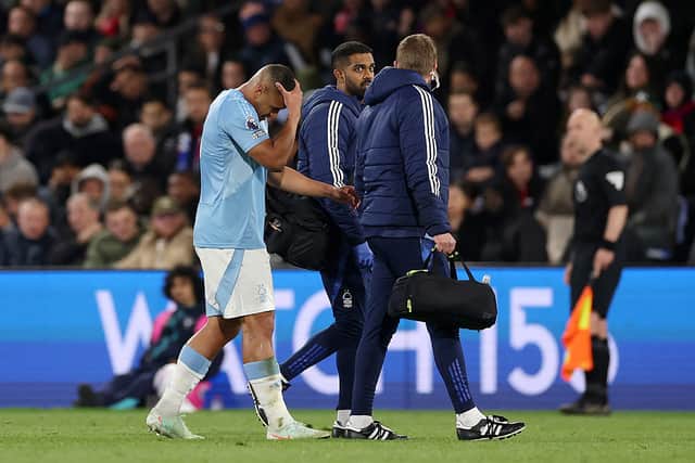 Murillo of Nottingham Forest reacts, as he leaves the pitch with a injury during the Premier League match between Crystal Palace FC and Nottingham Forest FC at Selhurst Park on May 05, 2025 in London, England.